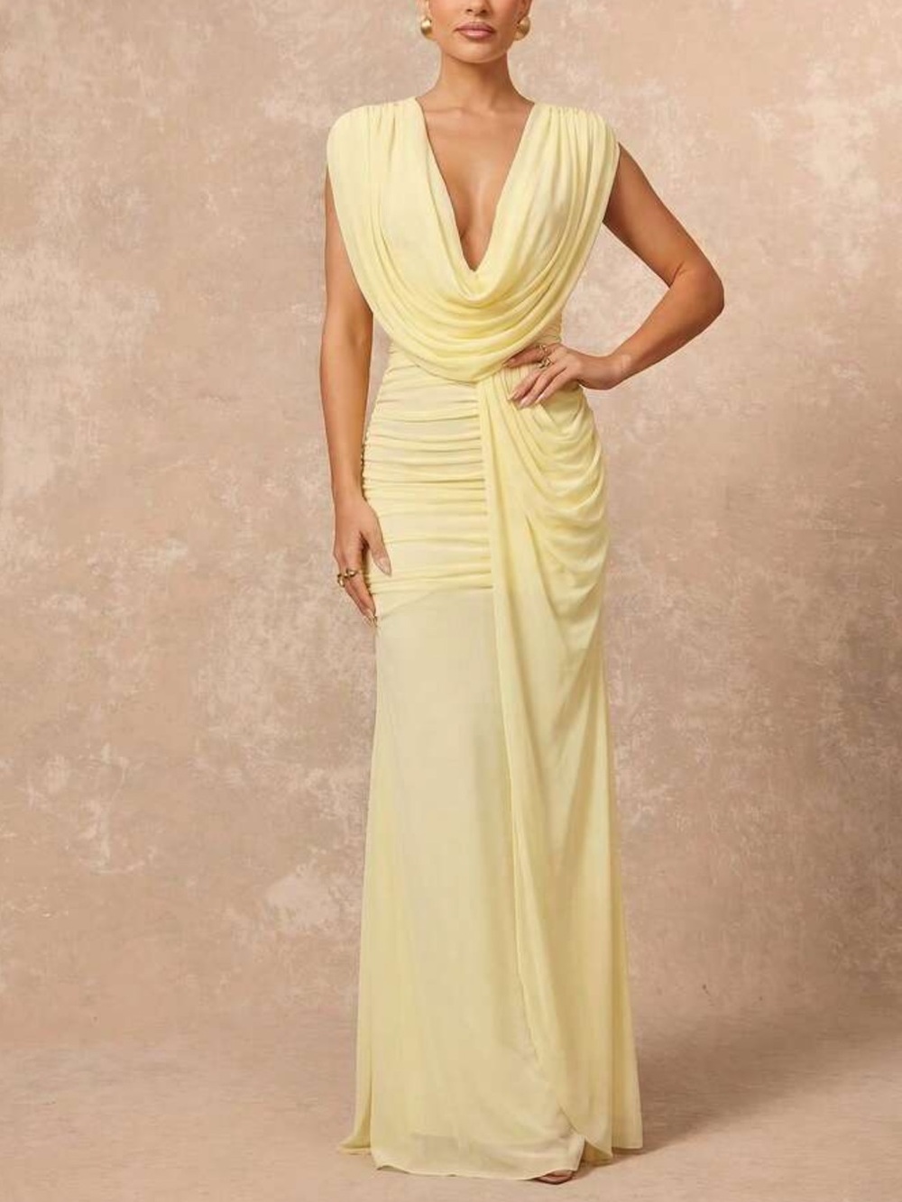 Elegant Draped V-Neck Evening Gown in Pale Yellow